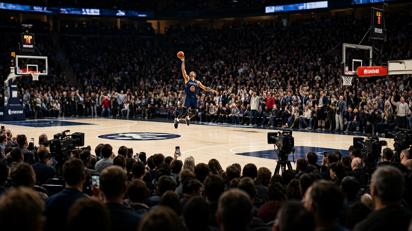 NBA篮球比赛现场，球员在空中扣篮的精彩瞬间